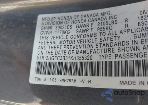 2019 Honda Civic Ex z USA, uszkodzony, nr VIN 2HGFC3B31KH355320